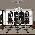 Elegant Study Room Interior With Built in Bookshelves Wooden Desk Statement Chandelier And Geometric Rug