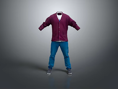 Stylish Purple Cardigan with White T shirt Blue Jeans and Gray Shoes Outfit 3d model