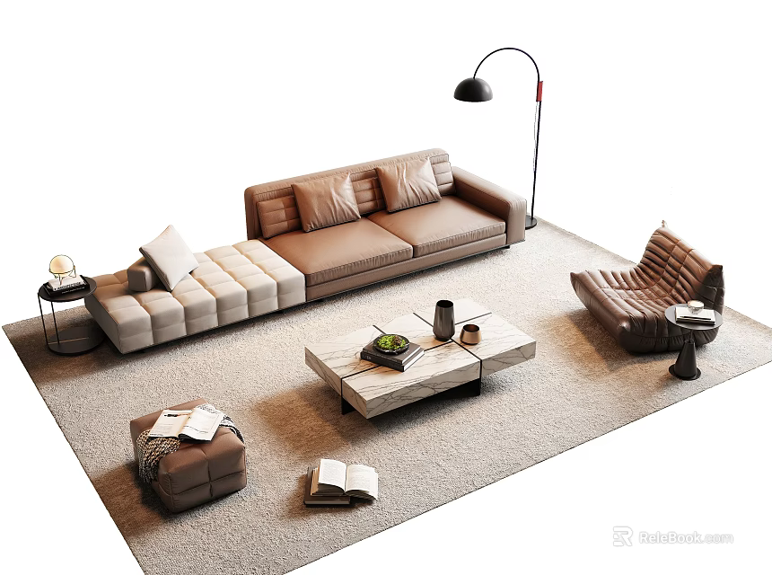 Cozy Modern Sofa Coffee Table Set With Accent Chair Floor Lamp And Decor Books 3d model 