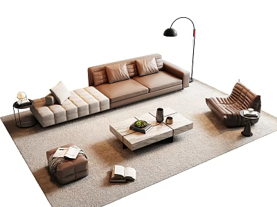 Cozy Modern Sofa Coffee Table Set With Accent Chair Floor Lamp And Decor Books 3d model