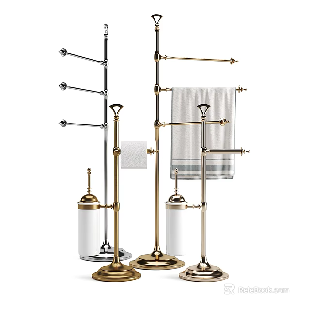 Elegant Brass Bathroom Accessories With Standing Towel Racks And Toilet Brush Holders 3d model 