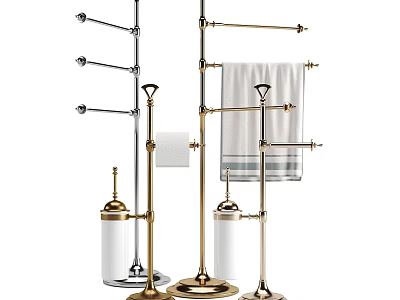 Elegant Brass Bathroom Accessories With Standing Towel Racks And Toilet Brush Holders 3d model