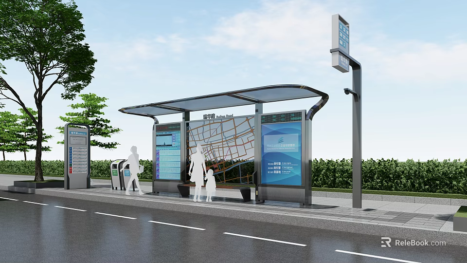 Modern Bus Stop With Shelter Billboard Pedestrians Digital Signage And Greenery 3d model 