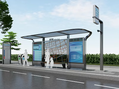 Modern Bus Stop With Shelter Billboard Pedestrians Digital Signage And Greenery 3d model