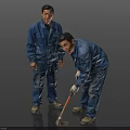 Two Men In Blue Work Uniforms Standing And Bending To Use Tool On Floor