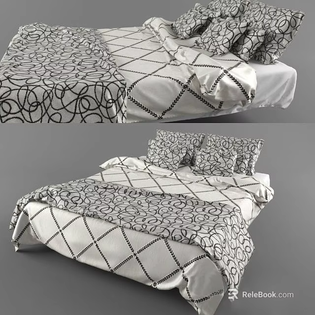 Modern Double Bed With Black White Patterned Bedspread And Decorative Pillows 3d model