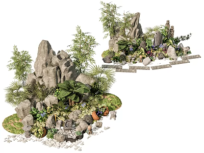 Rockery Stones Decorative Arrangement With Bamboo Ferns Pebbles and Potted Plants in Garden Setting 3d model