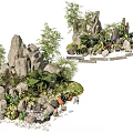 Rockery Stones Decorative Arrangement With Bamboo Ferns Pebbles and Potted Plants in Garden Setting
