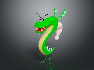 3D Green Dragon Character With Angry Expression Sharp Teeth Wings Standing Legs And Snake-like Body 3d model