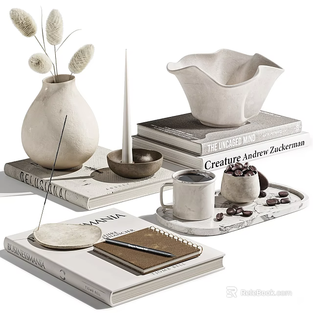 Minimalist Decorative Ornament Set With Vase Candle Bowl And Stack Of Books 3d model 