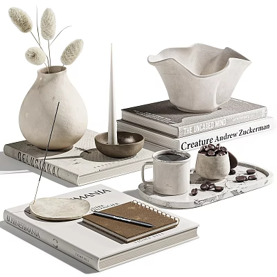 Minimalist Decorative Ornament Set With Vase Candle Bowl And Stack Of Books 3d model