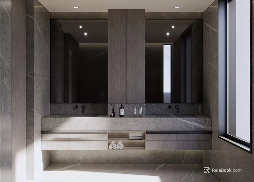 Modern Bathroom Interior Design With Large Mirror Double Vanity And Natural Light 3d model 