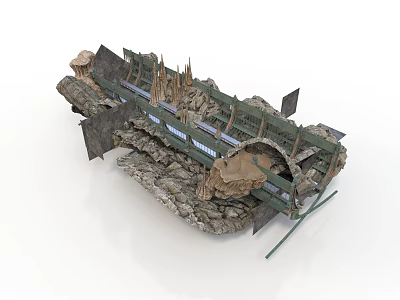 Innovative Architectural Design Blending Green Framework Rock Elements and Bridge Structures 3d model