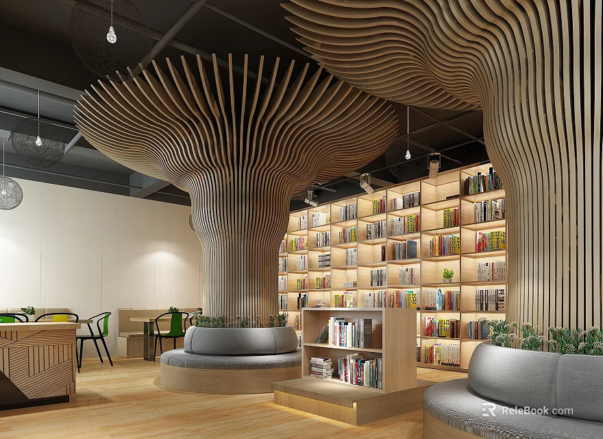 Artistic Library Interior With Tree Shaped Wooden Structures And Bookshelves 3d model 
