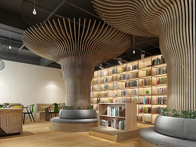 Artistic Library Interior With Tree Shaped Wooden Structures And Bookshelves 3d model