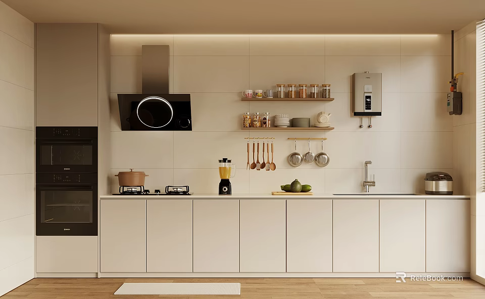 Modern Kitchen Interior With Range Hood Oven Stove Blender White Cabinets And Shelves 3d model 