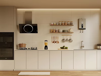 Modern Kitchen Interior With Range Hood Oven Stove Blender White Cabinets And Shelves 3d model