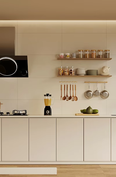 Modern Kitchen Interior With Range Hood Oven Stove Blender White Cabinets And Shelves 3d model