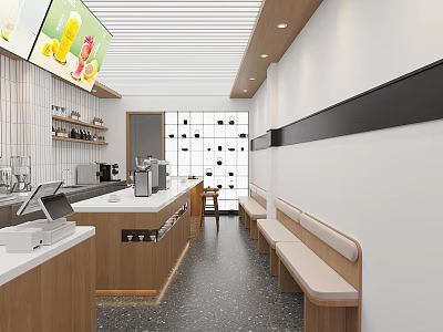 Modern Milk Tea Shop Interior With Wooden Counters And Seating Area 3d model