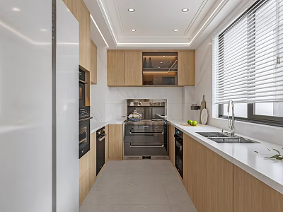 Modern Open Kitchen Interior With Wooden Cabinets White Countertops And Appliances 3d model