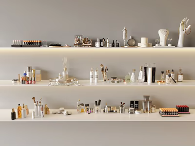 Elegant Decorative Ornament Collection On White Shelves With Perfume Bottles And Sculptures 3d model