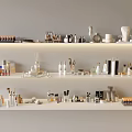Elegant Decorative Ornament Collection On White Shelves With Perfume Bottles And Sculptures