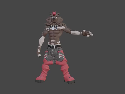 3D Anthropomorphic Wolf Character With Mechanical Arm Brown Upper Body Red Pants And Red Hat 3d model