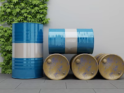 Industrial Equipment Blue And Gold Drums With Green Plants Against Gray Wall Floor Tiles 3d model