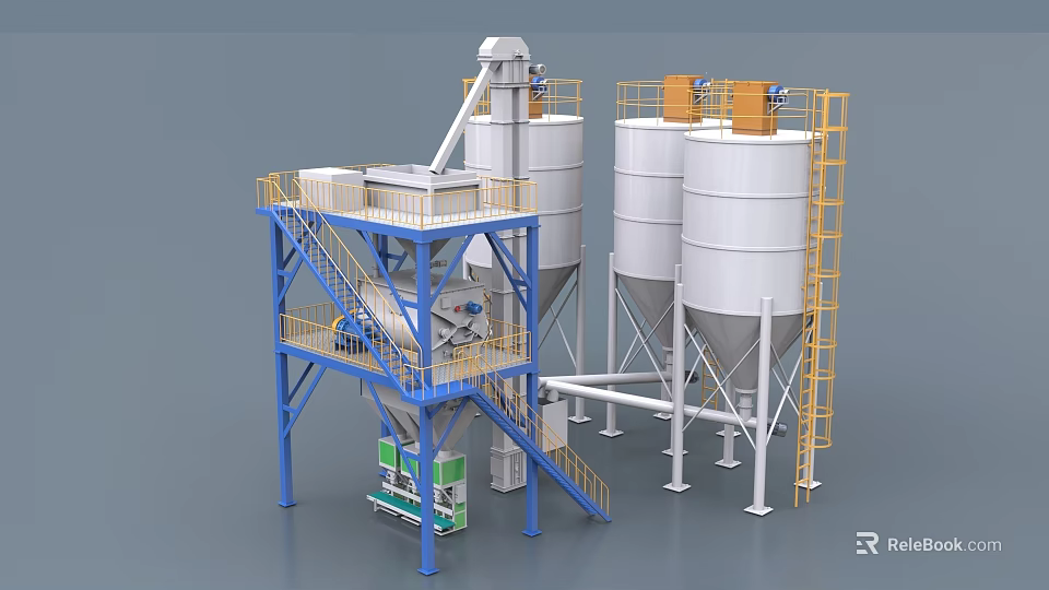 Industrial Equipment Silos And Mixing System With Structural Platforms And Stairs 3d model 