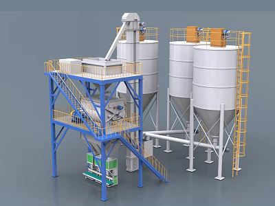 Industrial Equipment Silos And Mixing System With Structural Platforms And Stairs 3d model