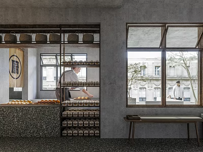 Modern Teahouse Interior With Open Shelves Jars Windows Trees And Staff Preparing Pastries 3d model