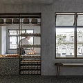 Modern Teahouse Interior With Open Shelves Jars Windows Trees And Staff Preparing Pastries