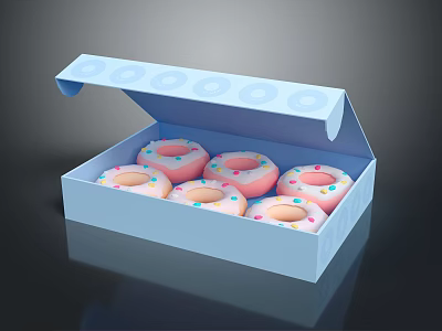 Open Blue Box Containing Six Pink Donuts With Colorful Sprinkles 3d model