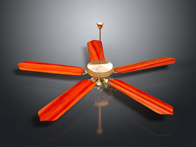 Modern Ceiling Fan With Red Wooden Blades And Golden Metal Frame Home Furniture Design 3d model
