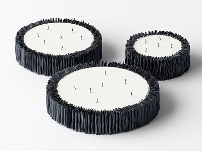 Three Circular Decorative Objects With Textured Black Edges And White Centers 3d model