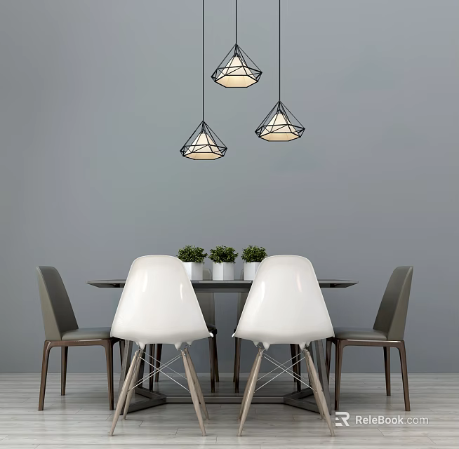 Modern Dining Table Set With Pendant Lights Potted Plants And Chairs 3d model
