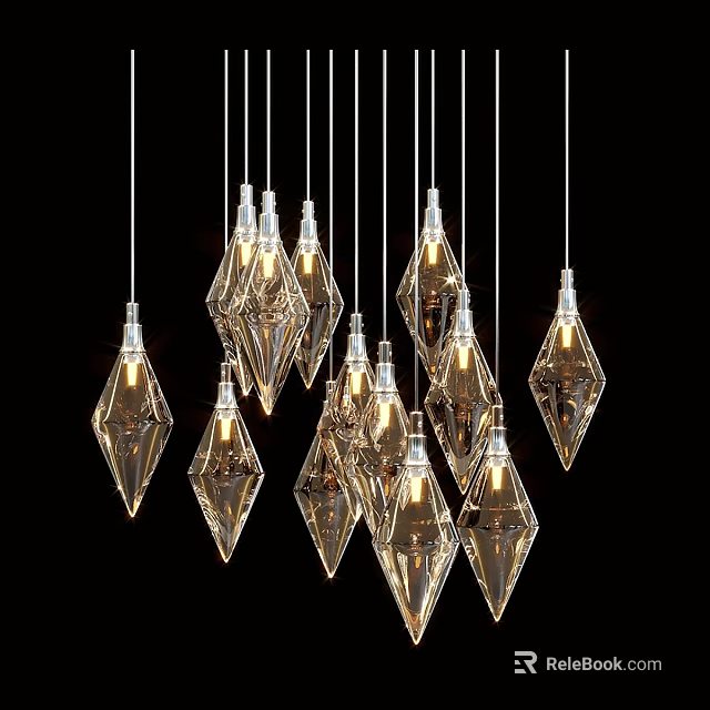 Modern Transparent Diamond Shaped Chandeliers With Metal Bases Illuminated Hanging Design 3d model 