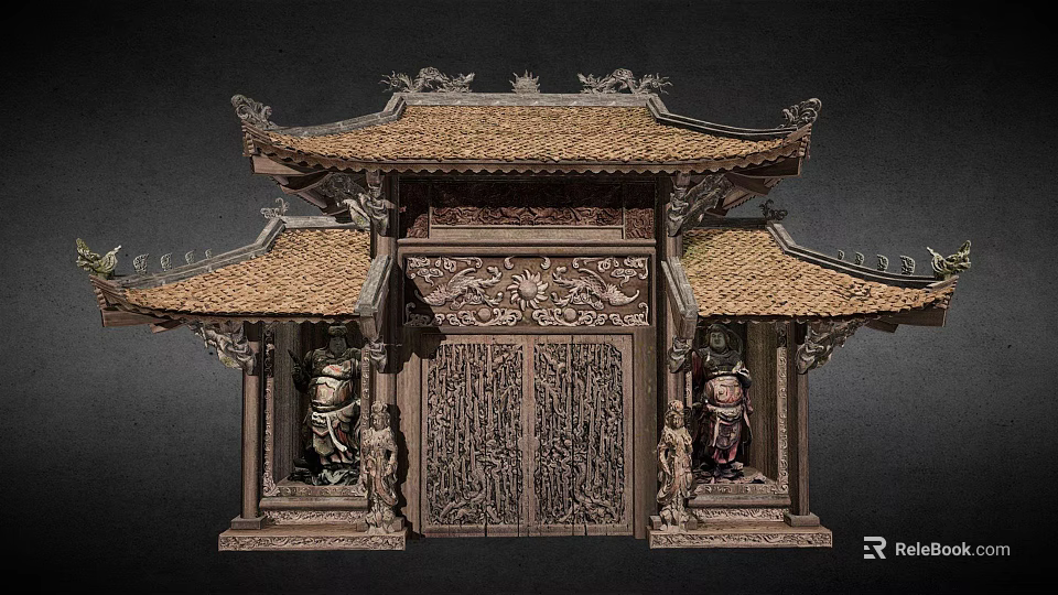 Traditional Chinese Ancient Architecture With Carved Roof Intricate Wooden Doors And Decorative Statues 3d model 