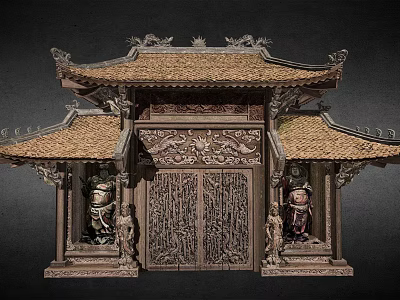 Traditional Chinese Ancient Architecture With Carved Roof Intricate Wooden Doors And Decorative Statues 3d model