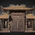 Traditional Chinese Ancient Architecture With Carved Roof Intricate Wooden Doors And Decorative Statues