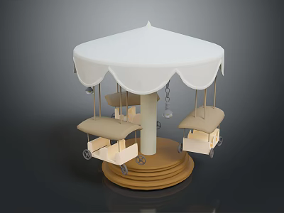 Rotating Playground Carousel With White Canopy Beige Seats And Wooden Base 3d model