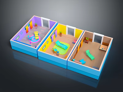 Cartoon Scenario With Colorful Multi Room Model And Playful Furniture Like Bed Sofa Chair 3d model