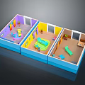 Cartoon Scenario With Colorful Multi Room Model And Playful Furniture Like Bed Sofa Chair