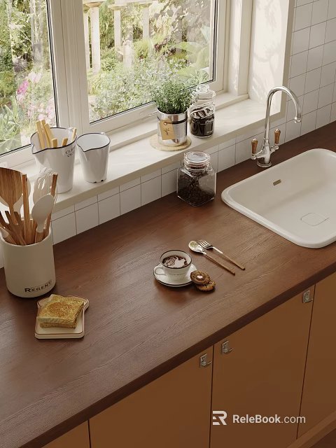 Wooden Kitchen Countertop With White Sink Coffee Cup Toast And Utensils 3d model 