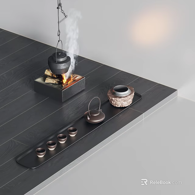 Traditional Tea Set with Hanging Teapot Burning Fire Tray and Multiple Tea Cups 3d model 