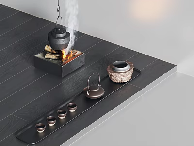 Traditional Tea Set with Hanging Teapot Burning Fire Tray and Multiple Tea Cups 3d model