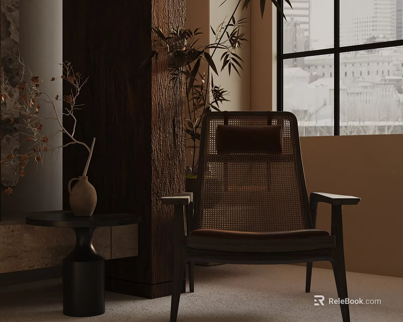 Leisure Chair with Wicker Design in Modern Interior Featuring Palm Plant Window and Side Table 3d model 
