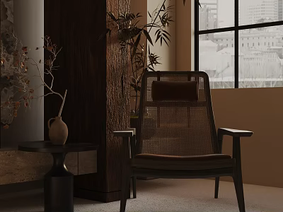 Leisure Chair with Wicker Design in Modern Interior Featuring Palm Plant Window and Side Table 3d model