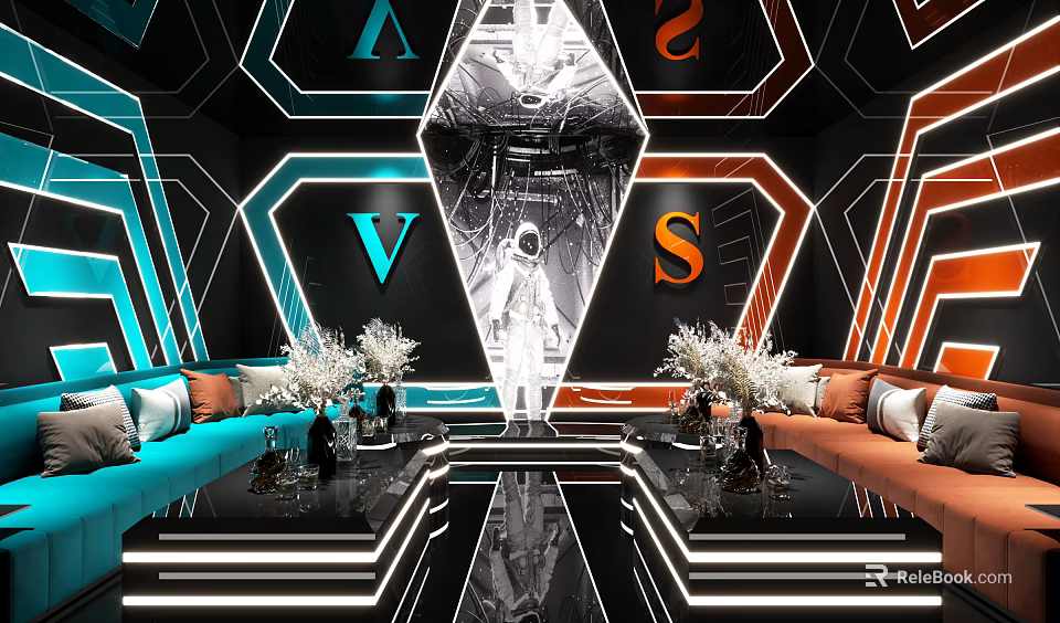 Modern KTV Interior With Blue Orange Sofas Astronaut Sculpture Decorative Letters And Neon Lights 3d model 