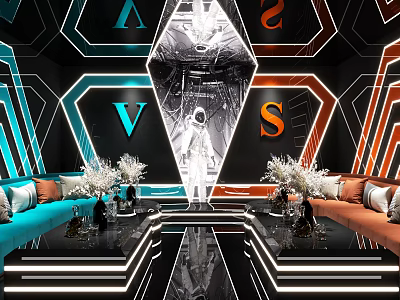 Modern KTV Interior With Blue Orange Sofas Astronaut Sculpture Decorative Letters And Neon Lights 3d model